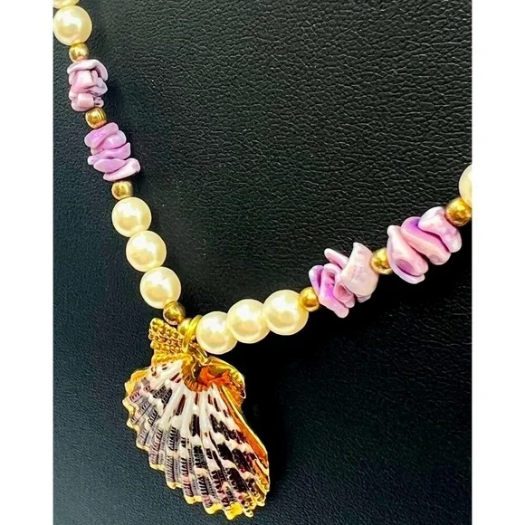 Handcrafted Faux Pearl & Shell Necklace With Lavender Accents. A23 - Picture 8 of 9